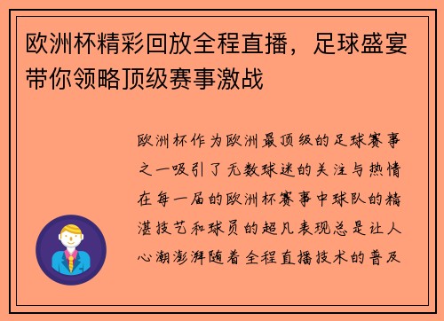 欧洲杯精彩回放全程直播，足球盛宴带你领略顶级赛事激战